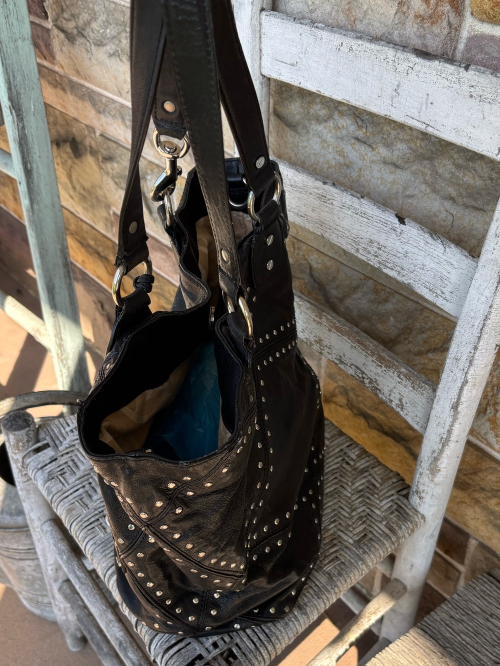 Michael Kors Astor Vintage Black Studded Leather Shoulder Tote Bag - Picture 3 of 9